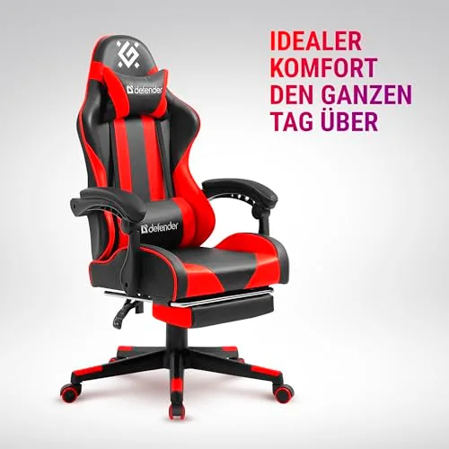 Defender ▫️ Cadeira Gaming Rock – Cadeira ergonómica com apoio para os pés – Couro sintético – Encosto com inclinação de 135° – Edição Comfort – Até 120 kg – Preto e Vermelho 3