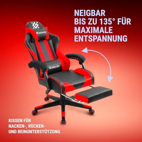 Defender ▫️ Cadeira Gaming Rock – Cadeira ergonómica com apoio para os pés – Couro sintético – Encosto com inclinação de 135° – Edição Comfort – Até 120 kg – Preto e Vermelho 4