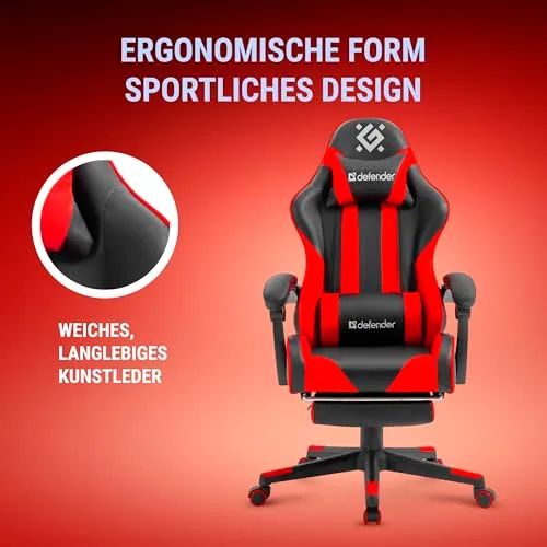Defender ▫️ Cadeira Gaming Rock – Cadeira ergonómica com apoio para os pés – Couro sintético – Encosto com inclinação de 135° – Edição Comfort – Até 120 kg – Preto e Vermelho 6
