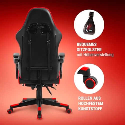 Defender ▫️ Cadeira Gaming Rock – Cadeira ergonómica com apoio para os pés – Couro sintético – Encosto com inclinação de 135° – Edição Comfort – Até 120 kg – Preto e Vermelho 7