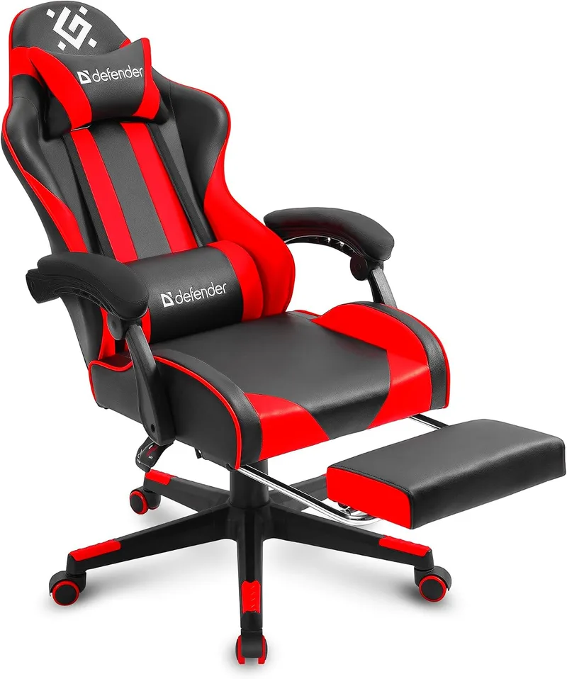 Defender ▫️ Cadeira Gaming Rock – Cadeira ergonómica com apoio para os pés – Couro sintético – Encosto com inclinação de 135° – Edição Comfort – Até 120 kg – Preto e Vermelho