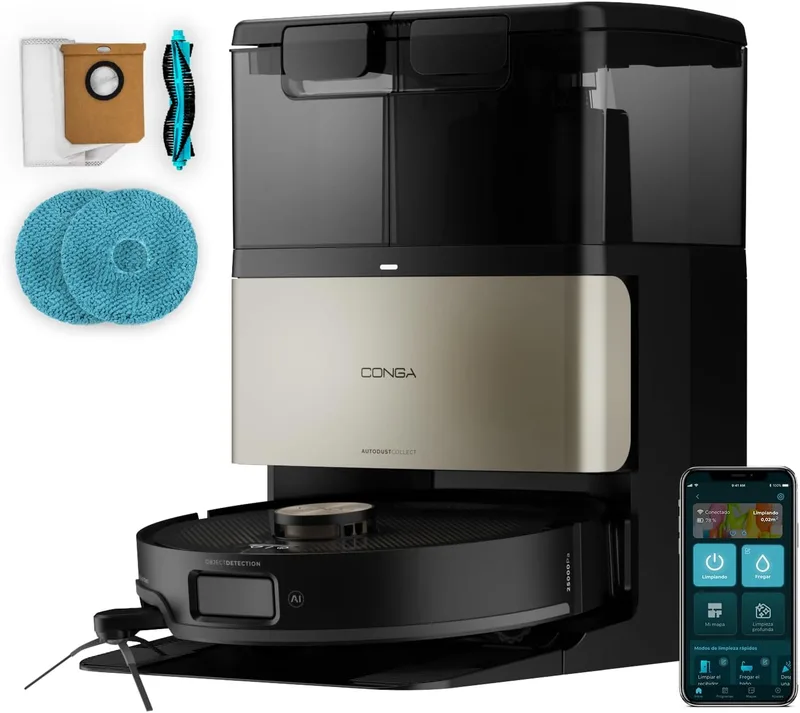 Cecotec ▫️ Robô aspirador e esfregador de pisos com base de esvaziamento automático e IA Conga X80 Pro. Navegação a laser, 25 000 Pa, autonomia de 240 m², tecnologia adaptativa, desinfeção dos panos, Bluetooth e Wi-Fi, controlo através da aplicação