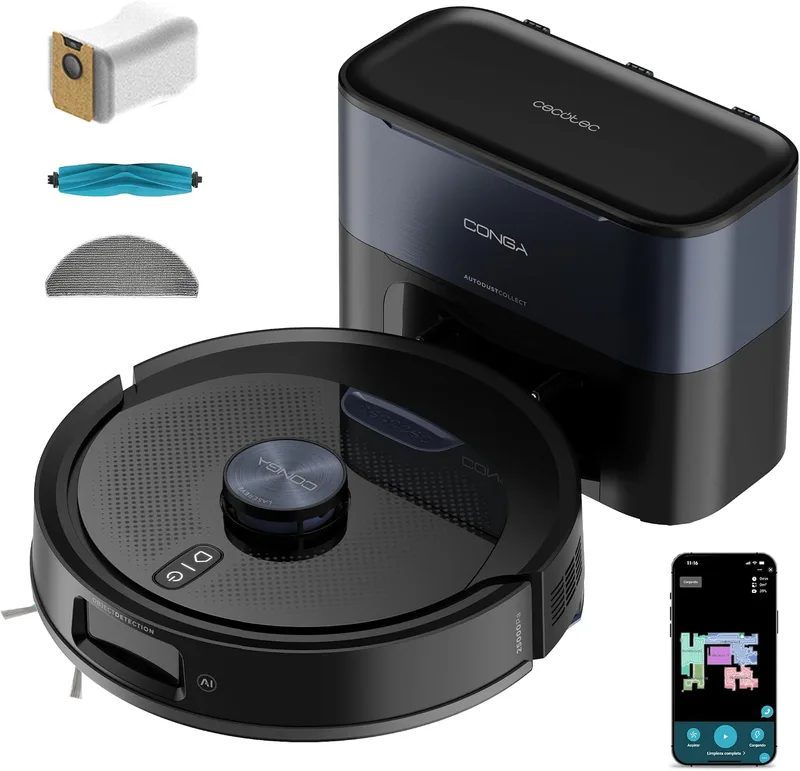 Cecotec ▫️ Robô aspirador e esfregador de pisos com base de esvaziamento automático e IA – Conga Y90 Dark. Navegação a laser, 25 000 Pa, autonomia de 240 min, escova de silicone para animais de estimação, saco de pó de 3 L, Bluetooth e Wi-Fi, aplicação