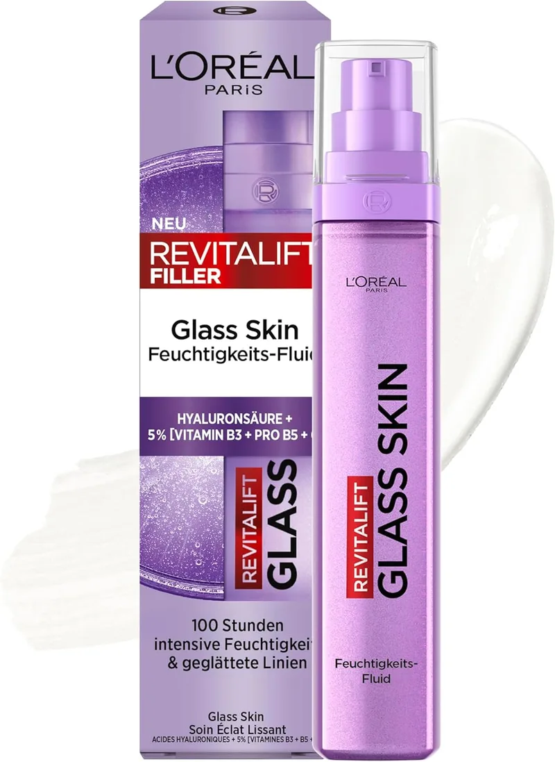 L'Oreal Paris ▫️ L'Oréal Paris Glass Skin - Fluido hidratante para uma pele almofadada e luminosa, com ácido hialurónico + 5% [Vitamina B3 + Pro B5 + C], fluido facial anti-envelhecimento suavizante, 50 ml