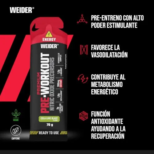 Weider ▫️ Premium Pre-Workout Gel (12 x 70 g) Sabor Cola-Lima, Precursor do óxido nítrico, com L-citrulina, L-arginina, beta-alanina, cafeína e vitaminas, energia imediata, monodose pronta a consumir 2