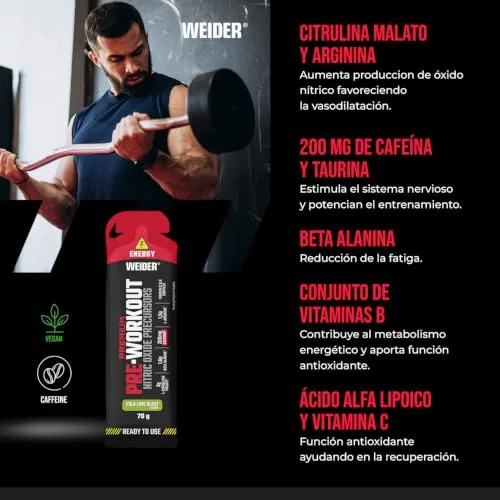 Weider ▫️ Premium Pre-Workout Gel (12 x 70 g) Sabor Cola-Lima, Precursor do óxido nítrico, com L-citrulina, L-arginina, beta-alanina, cafeína e vitaminas, energia imediata, monodose pronta a consumir 3