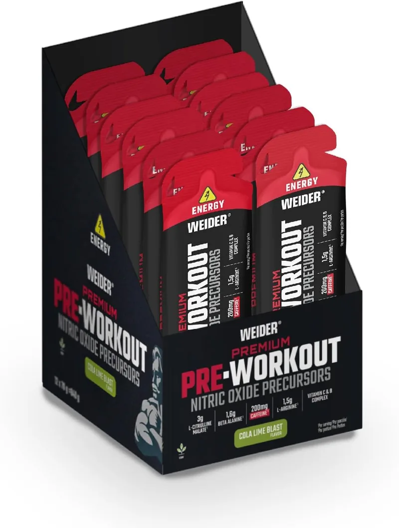 Weider ▫️ Premium Pre-Workout Gel (12 x 70 g) Sabor Cola-Lima, Precursor do óxido nítrico, com L-citrulina, L-arginina, beta-alanina, cafeína e vitaminas, energia imediata, monodose pronta a consumir