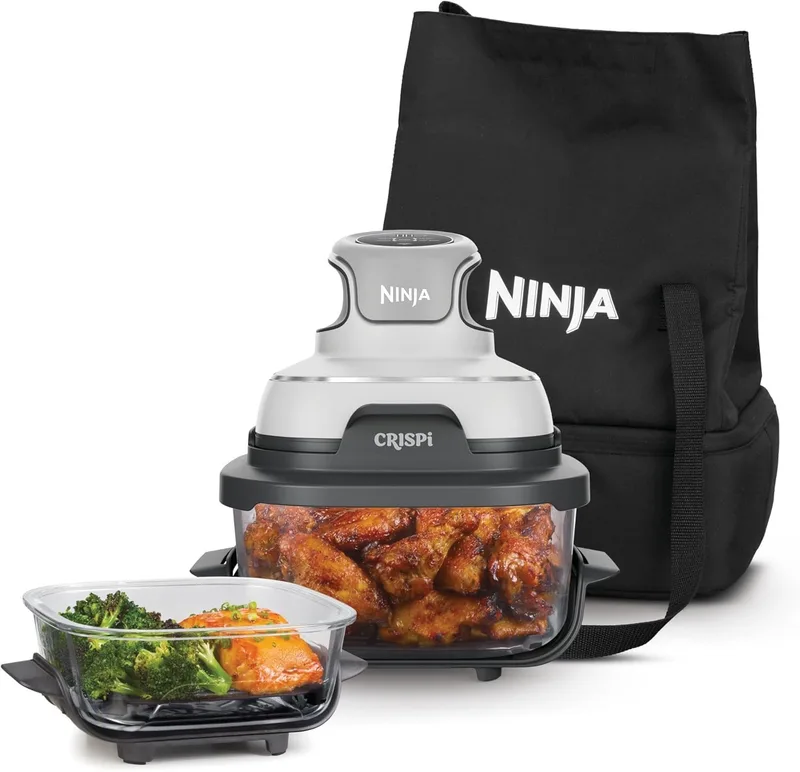 Ninja ▫️ CRiSpi, Fritadeira de Ar Quente Portátil, 3,8 L e 1,4 L, Branca, FN102EU | 4 em 1: Fritar com ar, Assar, Manter a temperatura, Dourar, Compacta, 2 recipientes de vidro removíveis com tampas, 1700 W