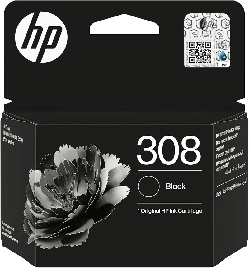 HP ▫️ 308 Preto, 7FP21UE, Cartucho de tinta original, compatível com as séries de impressoras Envy 6110e, 6120e, 6122e, 6130e, 6132e, 6520e, 6530e, 6532e