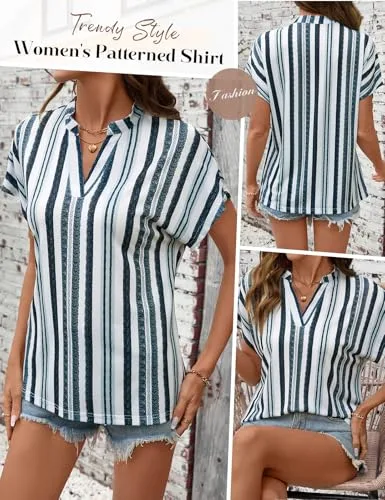 Fashora ▫️ Camisa de verão de manga curta para mulher, blusas de gola em V, camisa casual elegante às riscas, blusas básicas largas, túnica, top 2