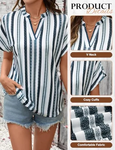 Fashora ▫️ Camisa de verão de manga curta para mulher, blusas de gola em V, camisa casual elegante às riscas, blusas básicas largas, túnica, top 3