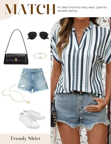 Fashora ▫️ Camisa de verão de manga curta para mulher, blusas de gola em V, camisa casual elegante às riscas, blusas básicas largas, túnica, top 5