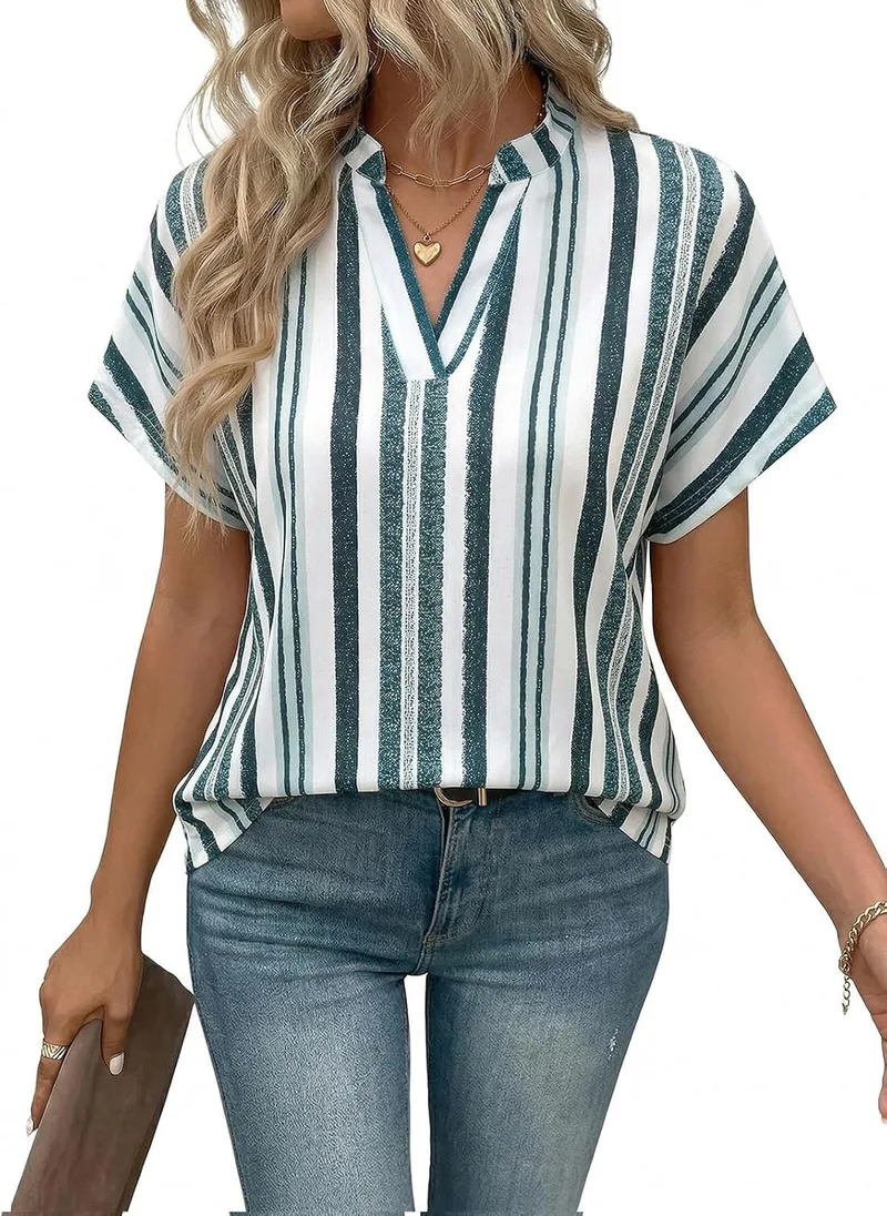 Fashora ▫️ Camisa de verão de manga curta para mulher, blusas de gola em V, camisa casual elegante às riscas, blusas básicas largas, túnica, top