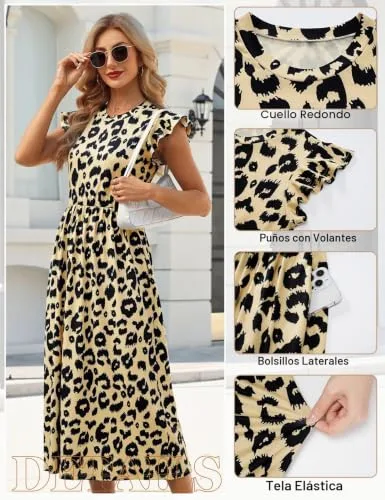 Fashora ▫️ Vestido longo de verão para mulher, vestido casual com gola redonda, cintura alta, cintura elástica, mangas com folhos, vestidos boho de praia, esvoaçantes, linha A 4