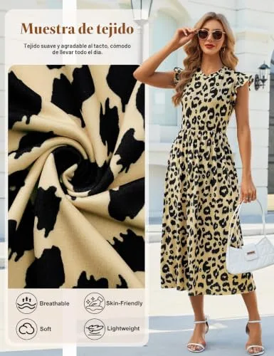 Fashora ▫️ Vestido longo de verão para mulher, vestido casual com gola redonda, cintura alta, cintura elástica, mangas com folhos, vestidos boho de praia, esvoaçantes, linha A 5