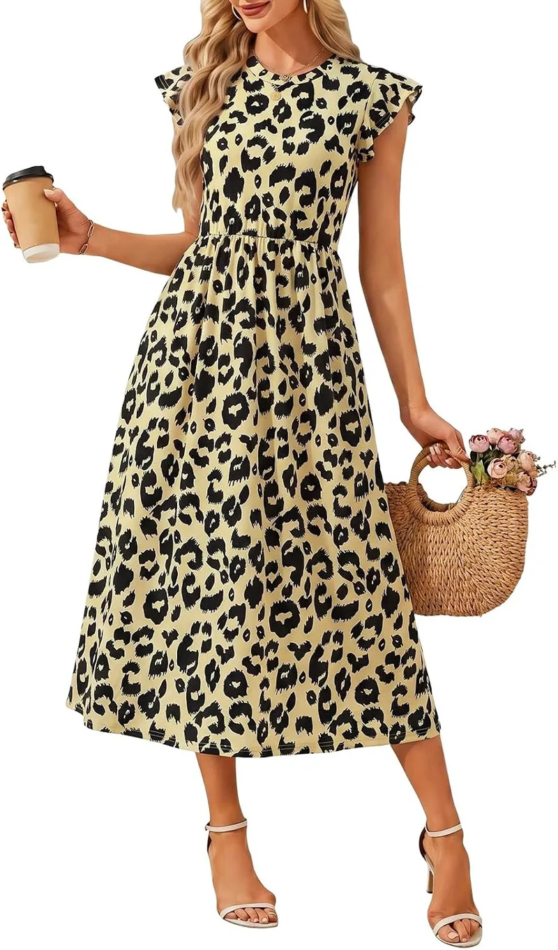 Fashora ▫️ Vestido longo de verão para mulher, vestido casual com gola redonda, cintura alta, cintura elástica, mangas com folhos, vestidos boho de praia, esvoaçantes, linha A