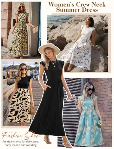 Fashora ▫️ Vestido longo de verão para mulher, vestido casual com gola redonda, cintura alta, cintura elástica, mangas com folhos, vestidos boho de praia, esvoaçantes, linha A 2