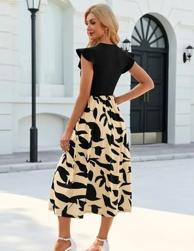 Fashora ▫️ Vestido longo de verão para mulher, vestido casual com gola redonda, cintura alta, cintura elástica, mangas com folhos, vestidos boho de praia, esvoaçantes, linha A 3