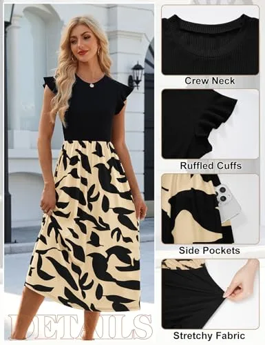 Fashora ▫️ Vestido longo de verão para mulher, vestido casual com gola redonda, cintura alta, cintura elástica, mangas com folhos, vestidos boho de praia, esvoaçantes, linha A 4