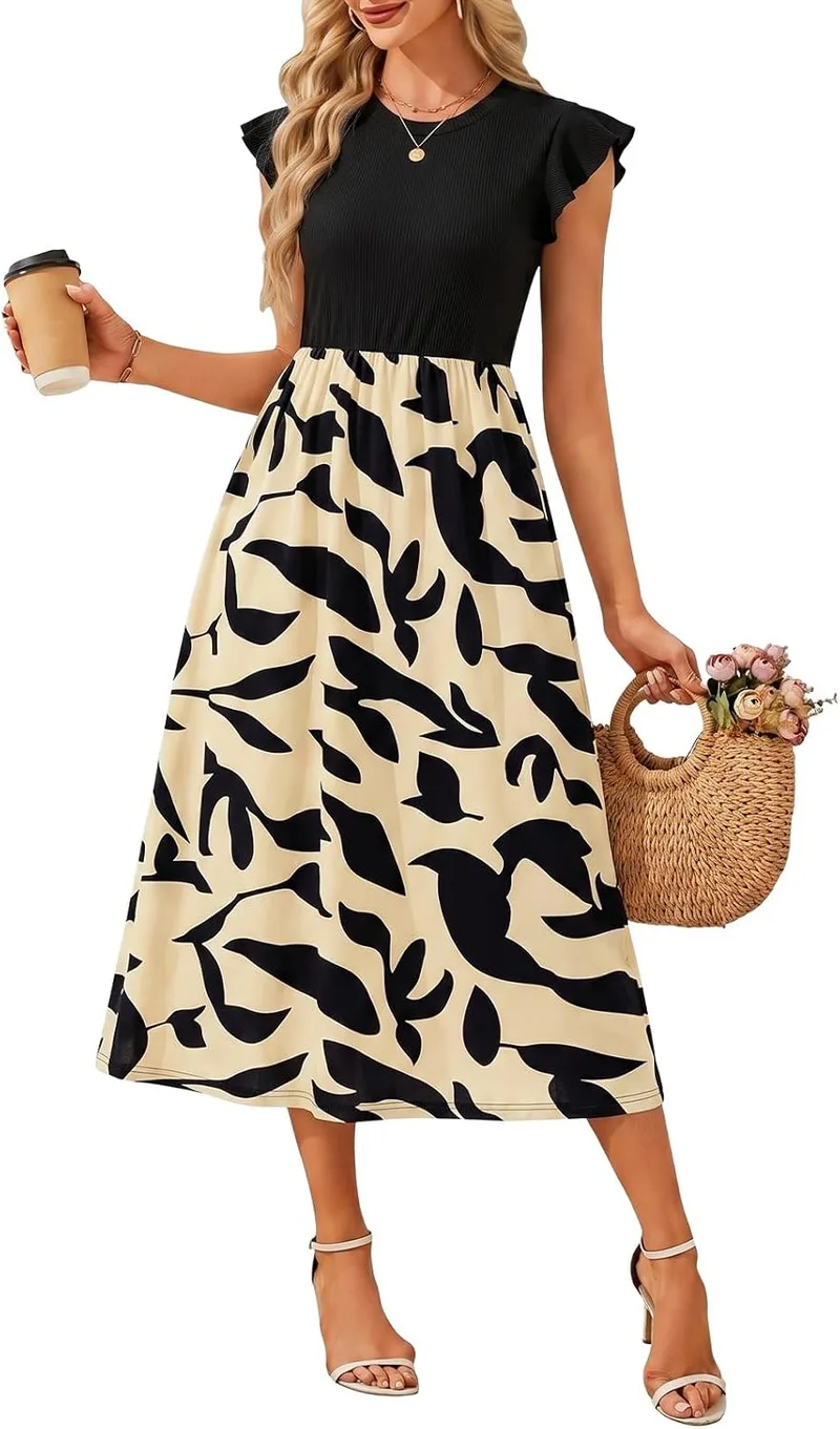 Fashora ▫️ Vestido longo de verão para mulher, vestido casual com gola redonda, cintura alta, cintura elástica, mangas com folhos, vestidos boho de praia, esvoaçantes, linha A