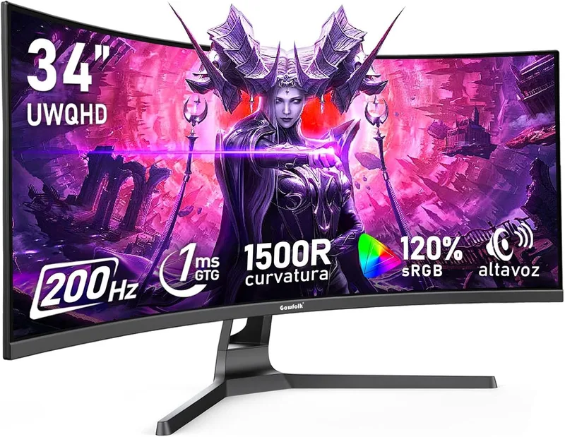 Gawfolk ▫️ Monitor de jogos curvo ultrawide de 34 polegadas (200 Hz, UWQHD 3440x1440) - 1500R, 120% sRGB, Adaptive Sync, altifalantes integrados, HDMI/DisplayPort, compatível com montagem na parede, preto