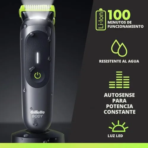Gillette ▫️ Labs i7 - Máquina de cortar o cabelo e a barba para o corpo e a zona íntima masculina, com tecnologia SkinFirst, máquina de cortar o cabelo à prova de água, luz LED para melhor visibilidade, 3 acessórios de corte de precisão e base de carregamento 5