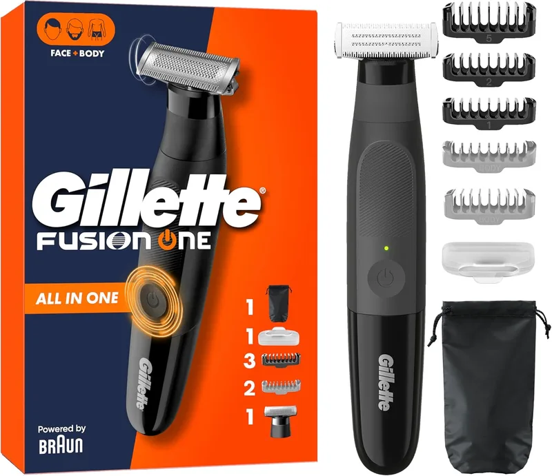 Gillette ▫️ Fusion One Aparador de barba e aparador de pêlos do corpo, aparador de pêlos do rosto e do corpo, cabeça giratória, 4 pentes, estojo, à prova de água, sem fios, utilização durante 45 minutos