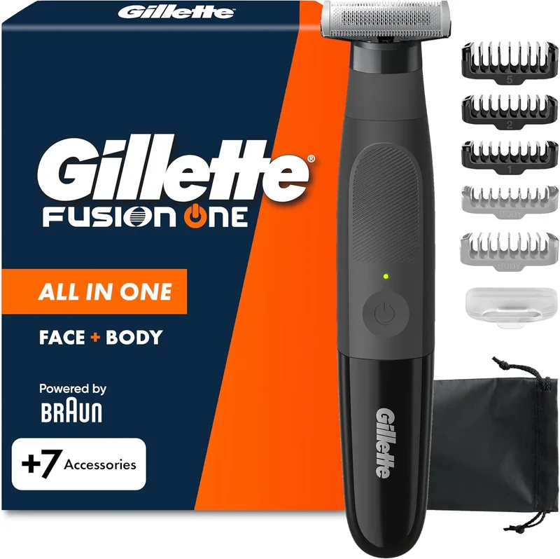 Gillette ▫️ Fusion One - Aparador de barba e máquina de barbear corporal, preto | Aparador multifuncional para rosto e corpo, cabeça giratória, 5 pentes, estojo, à prova de água, sem fios, 45 minutos de autonomia
