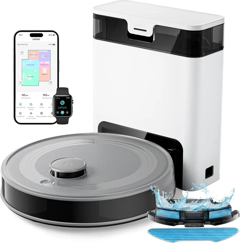 Lefant ▫️ Aspirador e esfregona robô M2 Pro com aspiração automática, aspiração automática 90 dias, 6000Pa, 140 minutos, mapeamento multinível, obstáculos PSD de 190°, navegação dToF, 5G WiFi/App/Alexa/iWatch, cinzento