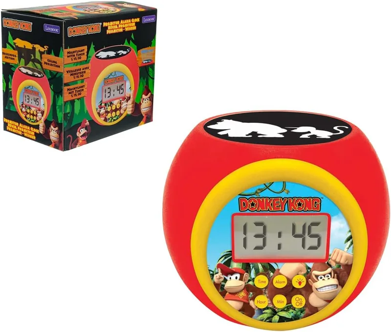 LEXIBOOK ▫️ Despertador com Projetor Donkey Kong, RL977DKLXB | Projeção no teto, temporizador, ecrã LCD, função snooze, funciona com pilhas