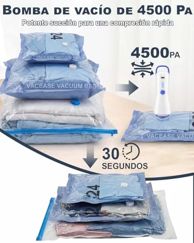 Raplink ▫️ Conjunto de 12 sacos de armazenamento a vácuo (4 de 100 x 80 cm, 4 de 74 x 54 cm e 4 de 64 x 47 cm) com bomba elétrica e fecho duplo, impermeáveis e herméticos. 4