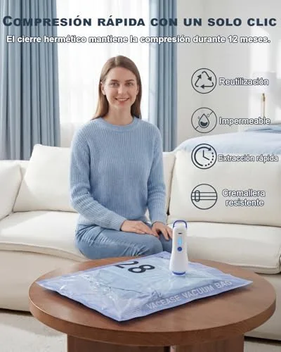 Raplink ▫️ Conjunto de 12 sacos de armazenamento a vácuo (4 de 100 x 80 cm, 4 de 74 x 54 cm e 4 de 64 x 47 cm) com bomba elétrica e fecho duplo, impermeáveis e herméticos. 5
