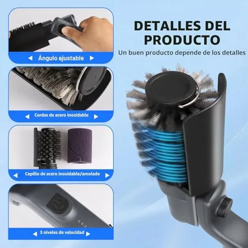 QBBQAAQTT ▫️ Escova elétrica a bateria para churrasco – Cabeça ajustável a 180°, motor com 3 velocidades, autonomia de 90 minutos, resistente à água, cabeças de escova em aço inoxidável e nylon para grelha 4