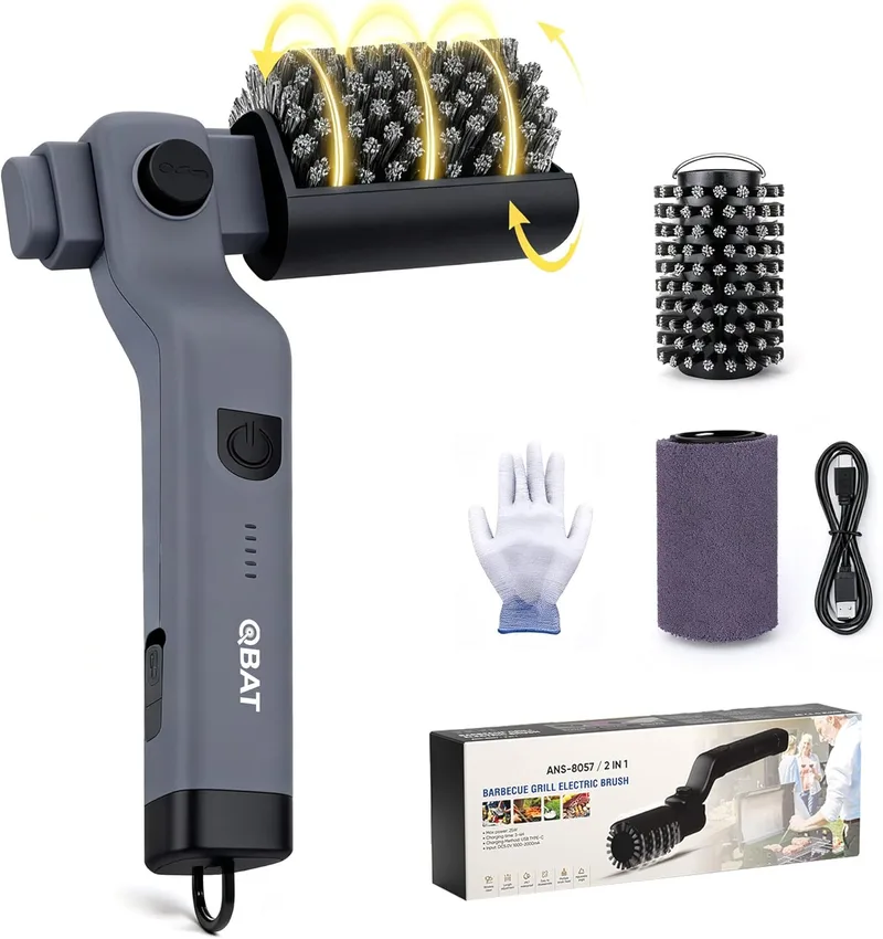 QBBQAAQTT ▫️ Escova elétrica a bateria para churrasco – Cabeça ajustável a 180°, motor com 3 velocidades, autonomia de 90 minutos, resistente à água, cabeças de escova em aço inoxidável e nylon para grelha