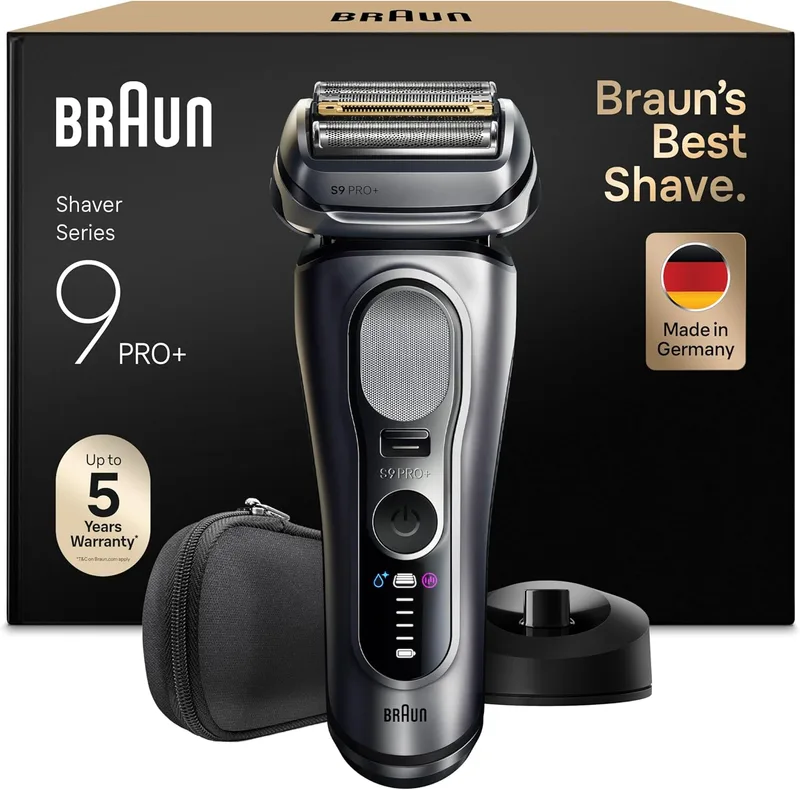 Braun ▫️ Máquina de barbear eléctrica para homem Series 9 Pro+, Máquina de barbear a seco e a húmido com tecnologia 5+1, sem fio, 60 minutos em standby, base de carregamento, 9617si, prateada