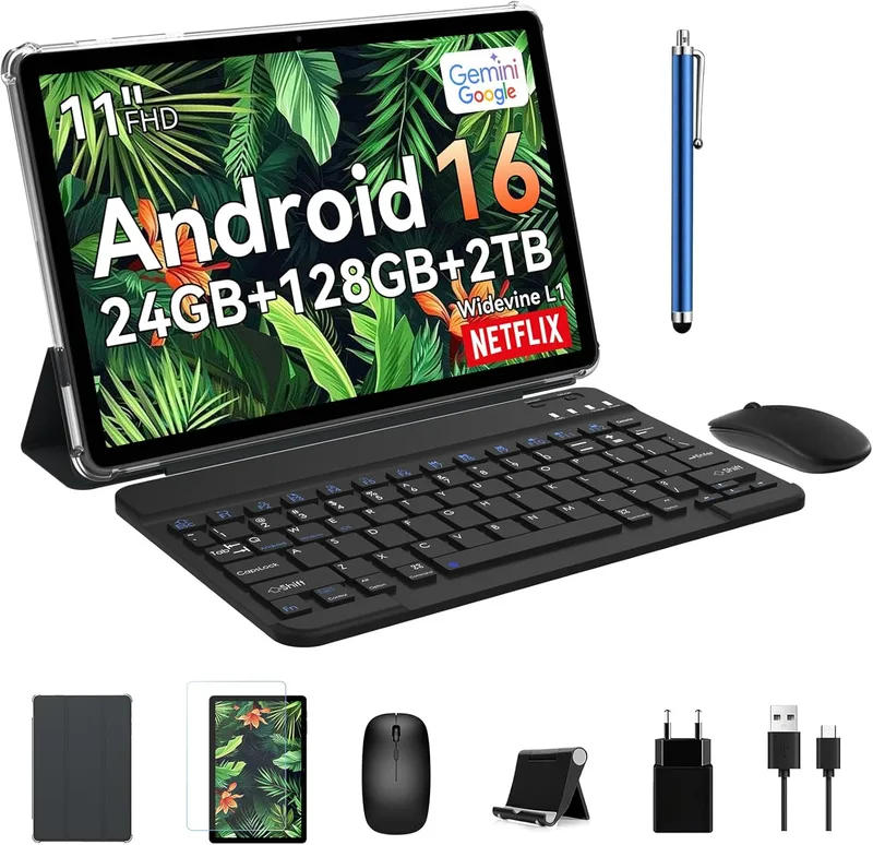 TABWEE ▫️ Tablet T90 11 Polegadas Android 16 - Gemini Ai, 8000mAh, 24GB RAM+128GB ROM/2TB TF, Octa-Core T615, 2GHz Tablet, Widevine L1/5G WiFi/5MP+13MP/ Identificação Facial/GPS/BT5.0/ Tablet com Teclado e Rato