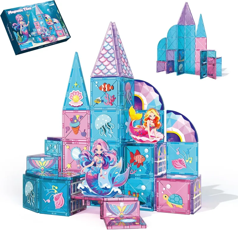 LELESUN ▫️ Conjunto de construção de azulejos magnéticos da sereia, brinquedo de construção magnético de 51 peças para rapazes e raparigas de 3, 4, 5, 6, 7 anos, blocos de construção magnéticos educativos STEM