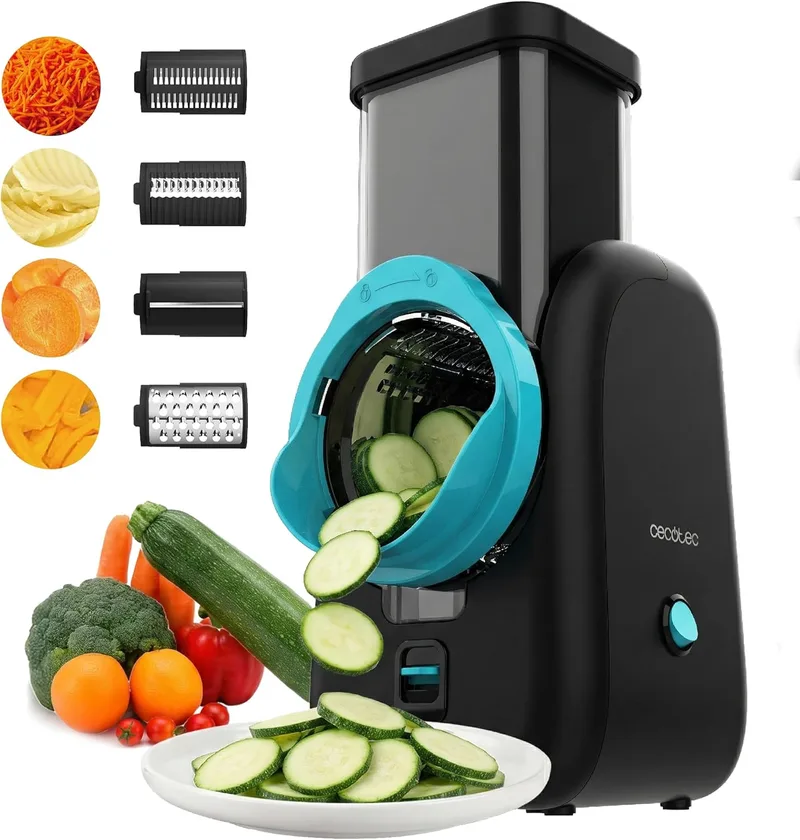 Cecotec ▫️ Cortador de legumes elétrico - Preparador de saladas - Total Blade Full Black. Processador de alimentos, 4 cilindros intercambiáveis, corta, rala e corta, desmontável, compacto, saladas em segundos