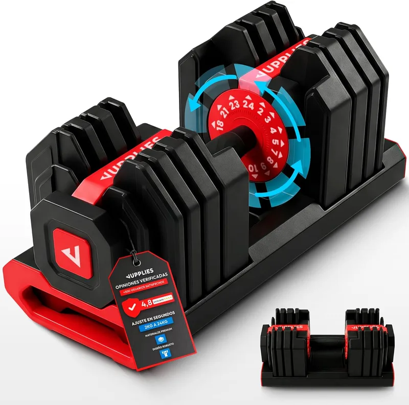 JUPPLIES ▫️ Halteres ajustáveis até 24 kg - Halteres ajustáveis de 15 níveis 2-24 kg com ajuste rápido, bloqueio de segurança e base antiderrapante, ideais para treino em casa ou no ginásio