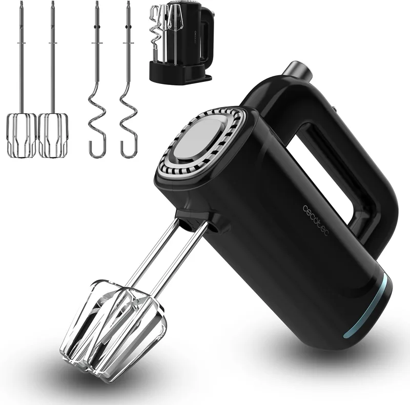 Cecotec ▫️ Batedeira com varas para misturar, bater e amassar PowerTwist 300 | 300 W, 5 velocidades, varas de precisão para bater em castelo, ganchos de aço para amassar, botão de ejetor QuickOut, inclui base