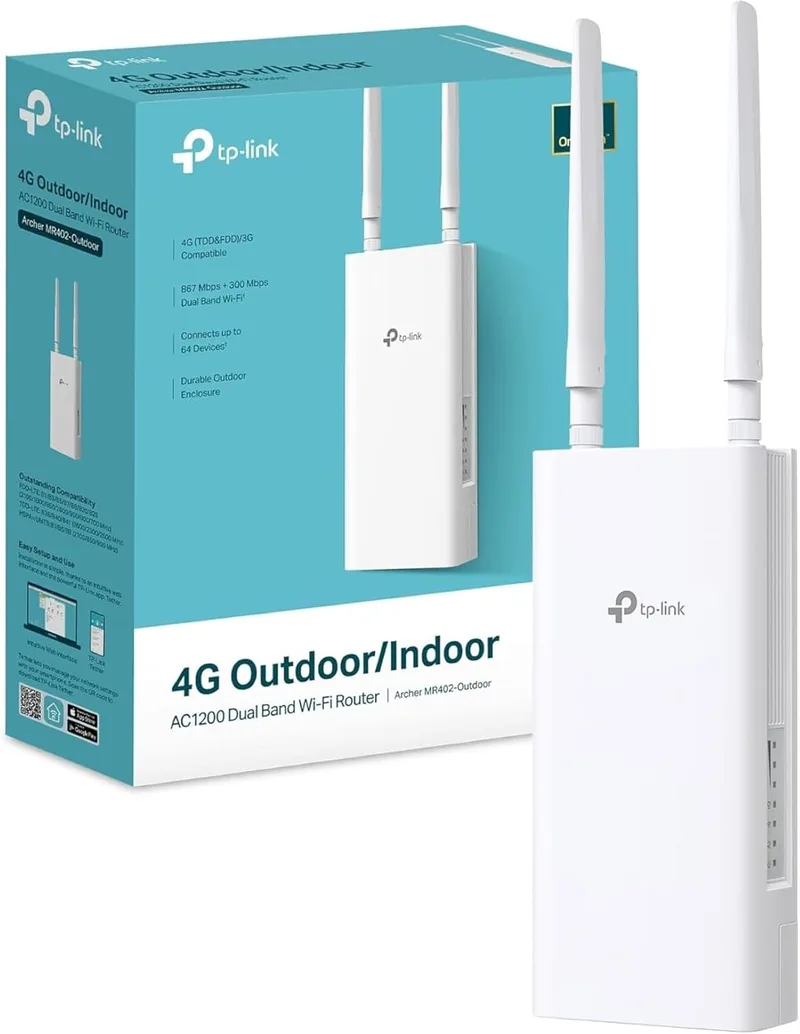 TP-Link ▫️ Router Archer MR402-Outdoor 4G LTE para exterior, Wi-Fi AC 1200 Mbps de banda dupla, à prova de água (IP65), compatível com PoE/CC, Cat4 até 150 Mbps, tecnologia OneMesh, instalação em poste/parede, Plug & Play