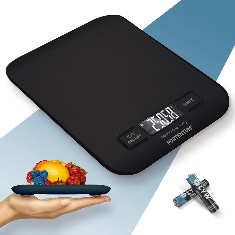 PORTENTUM ▫️ Balança de cozinha com ecrã LCD, aço inoxidável, balança de cozinha com precisão de 1 grama a 5 kg/11 lbs, preto