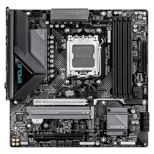 Gigabyte Technology ▫️ Placa-mãe GIGABYTE B850M Eagle WIFI7 – Processadores AMD Ryzen Série 9000, VRM digital de 8+2+2 fases, até 8200 MHz DDR5 (O.C.), 1× M.2 PCIe 5.0 + 1× M.2 PCIe 4.0, Wi-Fi 7, LAN 2,5 GbE, USB 3.2 Gen 2 2