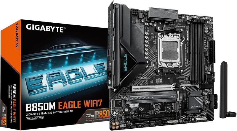 Gigabyte Technology ▫️ Placa-mãe GIGABYTE B850M Eagle WIFI7 – Processadores AMD Ryzen Série 9000, VRM digital de 8+2+2 fases, até 8200 MHz DDR5 (O.C.), 1× M.2 PCIe 5.0 + 1× M.2 PCIe 4.0, Wi-Fi 7, LAN 2,5 GbE, USB 3.2 Gen 2