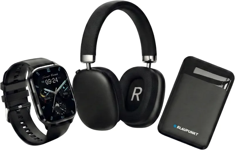 BLAUPUNKT ▫️ Pacote 3 em 1: Smartwatch com chamadas Bluetooth + Auscultadores sem fios Bluetooth com cancelamento de ruído + Power Bank USB-C de 5000 mAh