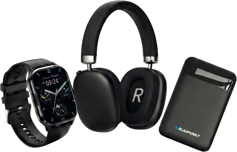 BLAUPUNKT ▫️ Pack 3 em 1: Smartwatch com chamadas Bluetooth + Auscultadores sem fios Bluetooth com cancelamento de ruído + Bateria externa de 5000 mAh (Power Bank USB-C)