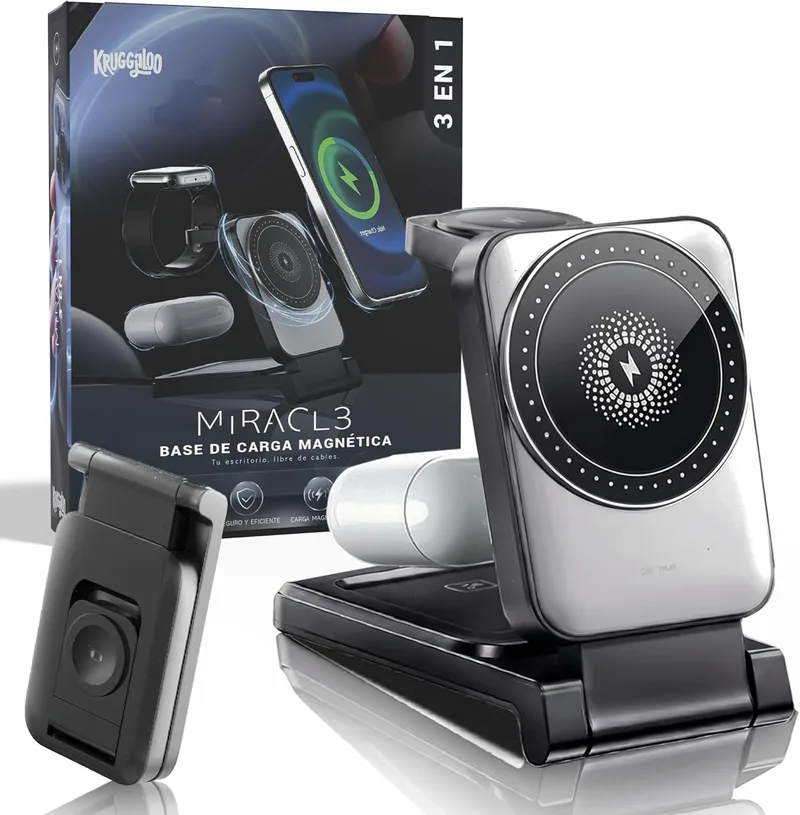 KRUGGALOO ▫️ Carregador sem fios super 3 EM 1 | Estação de carregamento rápido de 15 W | Carregador para iPhone 17/16/15/14/13/12 | USB-C | AirPods | Carregador de escritório | Carregador universal | Carregador portátil dobrável | USB-C | AirPods | Carregador de escritório | Carregador universal