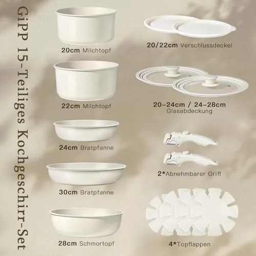 GiPP ▫️ Conjunto de utensílios de cozinha em granito, conjunto de 15 peças com frigideiras grandes, conjunto de utensílios de cozinha antiaderentes, com pegas removíveis, adequado para todos os tipos de fogões, adequado para 2
