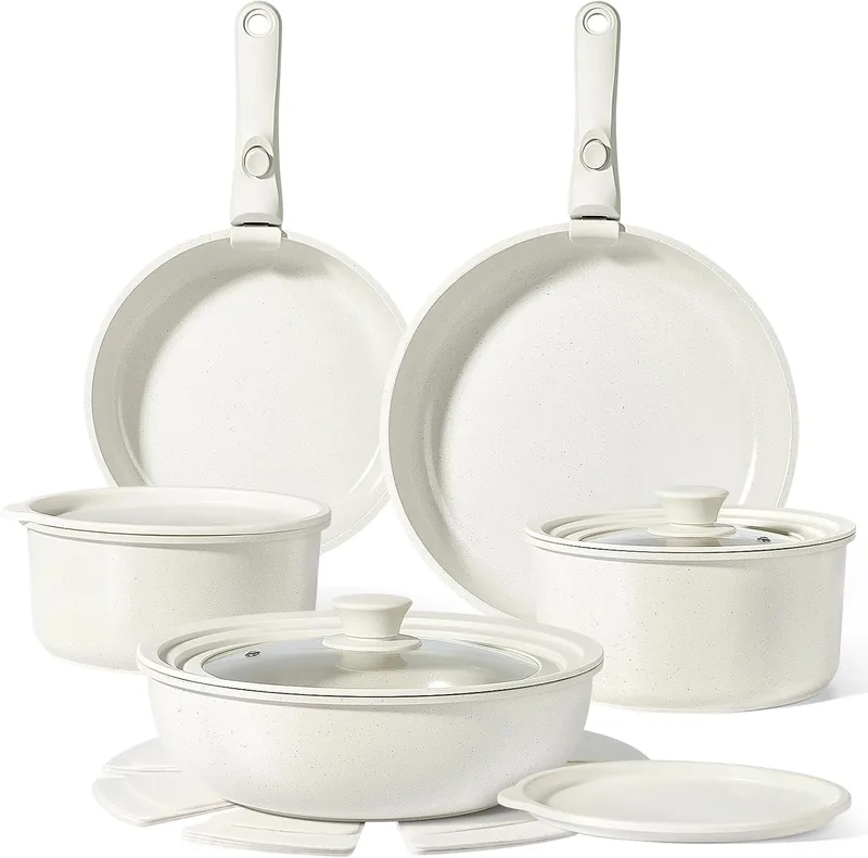 GiPP ▫️ Conjunto de utensílios de cozinha em granito, conjunto de 15 peças com frigideiras grandes, conjunto de utensílios de cozinha antiaderentes, com pegas removíveis, adequado para todos os tipos de fogões, adequado para