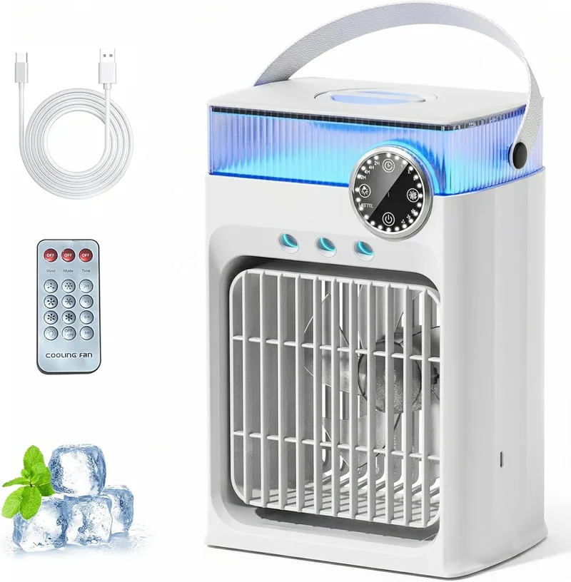 YFFU ▫️ Ar Condicionado Portátil com Controlo Remoto, Mini Climatizador Evaporativo 1200 ml, 8 cores, 3 velocidades, 3 modos de pulverização, Temporizador de 2 a 8 horas, Ventilador Silencioso para casa e escritório, Branco